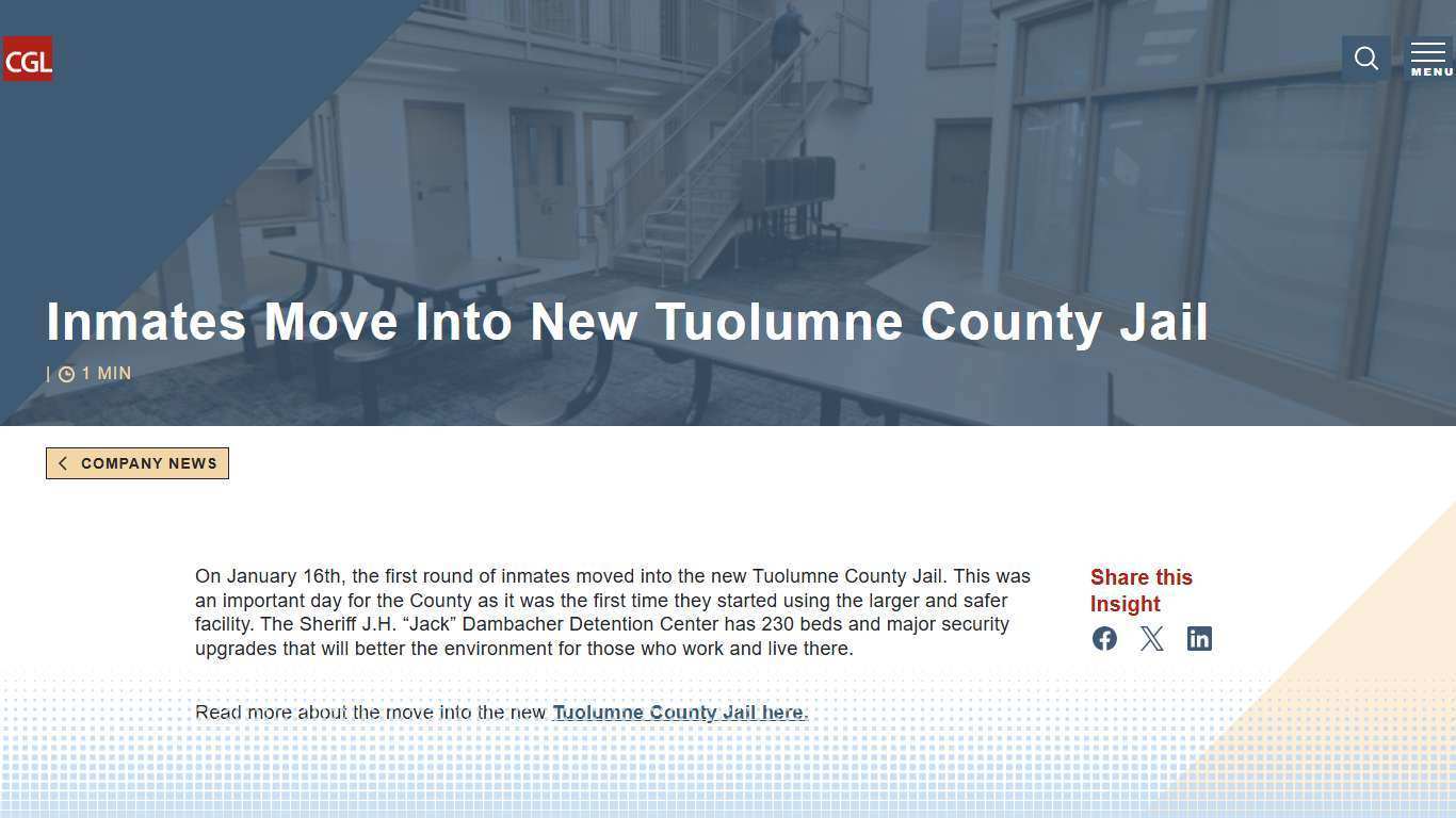 Inmates Move Into New Tuolumne County Jail - CGL Companies